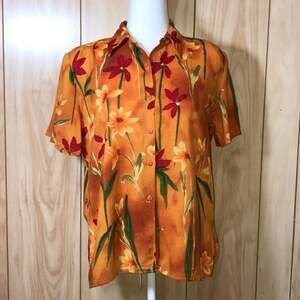 Vtg 90s Caribou NY Orange Rayon Hawaiian Floral Shirt S Shoulder Pads USA